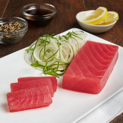 cold smoked (filtered wood smoke) yellowfin tuna saku sashimi
